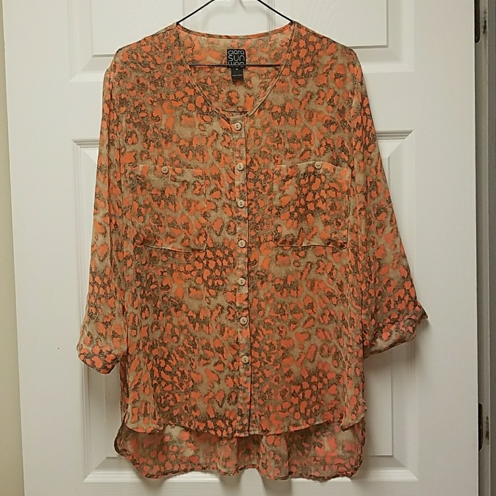 Orange, Brown, and cream leopard print top